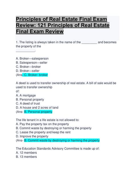 Principles of Real Estate Exam 1 Study Guide Chapter 1 Either directly or indirectly for the purpose of bringing about a sale, purchase, or option to purchase, exchange, auction, lease, or rental of real estate, or any interest in real estate is required to hold a valid real estate license. . Champions principles of real estate 1 exam quizlet